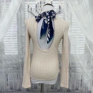 Free People Size Small Shirt Open Back Tie Top Ribbed Beige Blue Long Sleeve